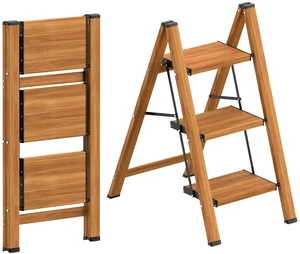 3 Step Ladder, Lightweight Aluminum Folding Step Stool Anti-Slip Wide Pedal, 330lbs Capacity Step Ladder for Household Kitchen Office, Woodgrain 3 Step Ladder, Lightweight Aluminum Folding Step Stool Anti-Slip Wide Pedal, 330lbs Capacity Step Ladder for Household Kitchen Office, Woodgrain