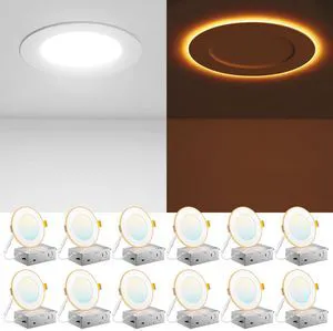 12 Pack 4 Inch LED Recessed Light with Night Light, 5CCT, 700LM Ultra-Thin Ceiling Light, 5%-100% Dimmable, No Flicker, 2700K-5000K, Canless Wafer Downlight with J-Box, 10W=90W, IC/ETL/FCC 12 Pack 4 Inch LED Recessed Light with Night Light, 5CCT, 700LM Ultra-Thin Ceiling Light, 5%-100% Dimmable, No Flicker, 2700K-5000K, Canless Wafer Downlight with J-Box, 10W=90W, IC/ETL/FCC