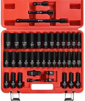 1/2 Drive Impact Deep Socket Set, 39 Pieces Metric(8-24mm)/SAE(5/16 to 1-1/4), CR-V Steel Tool Set with 3, 5, 10 Extension Bar, Adapters 1/2 Drive Impact Deep Socket Set, 39 Pieces Metric(8-24mm)/SAE(5/16 to 1-1/4), CR-V Steel Tool Set with 3, 5, 10 Extension Bar, Adapters