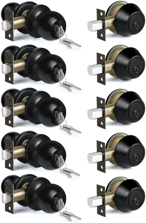 5 Pack Exterior Door Knob with Key Lock and Deadbolt, Keyed Alike Matte Black, Door Knob and Single Cylinder Deadbolt Combination Set 5 Pack Exterior Door Knob with Key Lock and Deadbolt, Keyed Alike Matte Black, Door Knob and Single Cylinder Deadbolt Combination Set