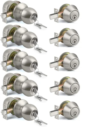 5PK Keyed Alike Exterior Door Knob Lock with Deadbolt, Satin Nickel Satin Nickel, Door Knob and Single Cylinder Deadbolt Combination Set 5PK Keyed Alike Exterior Door Knob Lock with Deadbolt, Satin Nickel Satin Nickel, Door Knob and Single Cylinder Deadbolt Combination Set