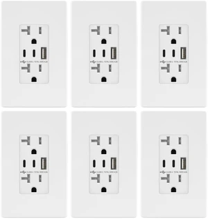 4.2A 3-Port Type C USB Outlet, 20 Amp Receptacle Plug, Charging Power Outlet with Dual Type C&A Ports, Screwless Wall Plate Included, UL Listed, Commercial Grade, White, 6 Pack 4.2A 3-Port Type C USB Outlet, 20 Amp Receptacle Plug, Charging Power Outlet with Dual Type C&A Ports, Screwless Wall Plate Included, UL Listed, Commercial Grade, White, 6 Pack