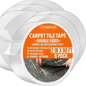 Carpet Tile Tape Double Sided 2in x 90ft (Bulk 6 Pack) Heavy Duty Reinforced Web Mesh Residue Free Indoor Outdoor for Carpet Tiles, Hardwood, Vinyl, Rugs, Carpet, Rubber & Mat Gripper Carpet Tile Tape Double Sided 2in x 90ft (Bulk 6 Pack) Heavy Duty Reinforced Web Mesh Residue Free Indoor Outdoor for Carpet Tiles, Hardwood, Vinyl, Rugs, Carpet, Rubber & Mat Gripper