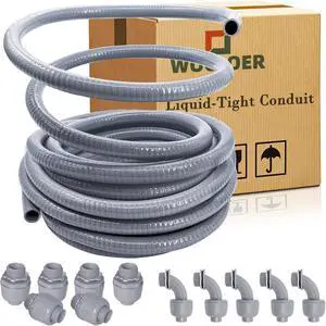 1/2 inch 100Ft Liquid-Tight Conduit Kit, Flexible Non Metallic Electrical Conduit, with 6 Straight and 5 Angle Fittings Included. 1/2" Dia 1/2 inch 100Ft Liquid-Tight Conduit Kit, Flexible Non Metallic Electrical Conduit, with 6 Straight and 5 Angle Fittings Included. 1/2" Dia