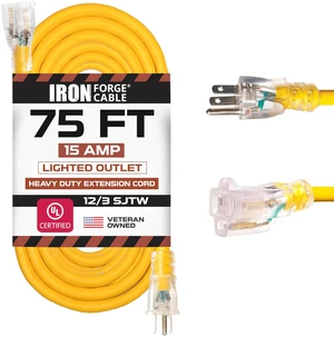 12 Gauge Heavy Duty Extension Cord, 75 Ft - Yellow SJTW 12/3 Outdoor Cable, Lighted End, 3 Prong Grounded Plug, 15 Amp, Weatherproof - For Job Sites, Garages, Appliances, RV 12 Gauge Heavy Duty Extension Cord, 75 Ft - Yellow SJTW 12/3 Outdoor Cable, Lighted End, 3 Prong Grounded Plug, 15 Amp, Weatherproof - For Job Sites, Garages, Appliances, RV