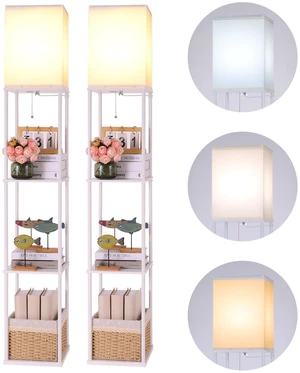Floor Lamp with Shelves, 4 Layer Square Standing Lamp with 3 Color Temperature Bulb, Corner Display Bookshelf Lamp for Living Room, Bedroom and OfficeWhite-2 Packs Floor Lamp with Shelves, 4 Layer Square Standing Lamp with 3 Color Temperature Bulb, Corner Display Bookshelf Lamp for Living Room, Bedroom and OfficeWhite-2 Packs
