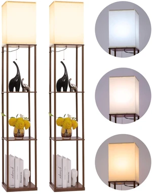 Floor Lamp with Shelves, Modern Square Standing Lamp with 3 Color Temperature Bulb, Corner Display Bookshelf Lamp for Living Room, Bedroom and Office(Brown-2 Pack) Floor Lamp with Shelves, Modern Square Standing Lamp with 3 Color Temperature Bulb, Corner Display Bookshelf Lamp for Living Room, Bedroom and Office(Brown-2 Pack)