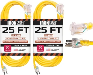 2 Pack of 25 Foot Outdoor Extension Cords - 12/3 SJTW Heavy Duty Lighted Yellow Extension Cable with 3 Prong Grounded Plug for Safety, 15 AMP - Great for Garden and Major Appliances 2 Pack of 25 Foot Outdoor Extension Cords - 12/3 SJTW Heavy Duty Lighted Yellow Extension Cable with 3 Prong Grounded Plug for Safety, 15 AMP - Great for Garden and Major Appliances