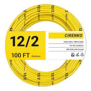 12/2 NM-B Cable 100 FT, UL Listed 12 Gauge Indoor Wire with Ground Solid Bare Copper, No CCA, Durable Yellow NM-B Jacket, Easy to Strip, for Residential Dry Locations, 600V Rated 12/2 NM-B Cable 100 FT, UL Listed 12 Gauge Indoor Wire with Ground Solid Bare Copper, No CCA, Durable Yellow NM-B Jacket, Easy to Strip, for Residential Dry Locations, 600V Rated
