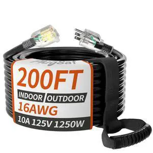 16AWG 200 ft Black Extension Cord Outdoor, Long Extension Cord Outdoor Extension Cord Waterproof, Flame Retardant, 3 Prong Electric Cord for Lawn Office,10A 1250W 16/3 SJTW, ETL Listed 16AWG 200 ft Black Extension Cord Outdoor, Long Extension Cord Outdoor Extension Cord Waterproof, Flame Retardant, 3 Prong Electric Cord for Lawn Office,10A 1250W 16/3 SJTW, ETL Listed