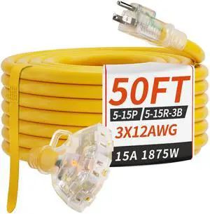 50 FT 12 Gauge Yellow Heavy Duty Outdoor Extension Cord Waterproof Extension Cord with Multiple Outlets Light Indicator, 12AWG 3 Outlet, Flexible SJTW, 15A 1875W, ETL Listed, Indoor/Outdoor 50 FT 12 Gauge Yellow Heavy Duty Outdoor Extension Cord Waterproof Extension Cord with Multiple Outlets Light Indicator, 12AWG 3 Outlet, Flexible SJTW, 15A 1875W, ETL Listed, Indoor/Outdoor