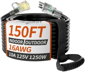16/3 Gauge 150 FT Extension Cord Outdoor, Long Extension Cord Black Black Extension Cord Waterproof with Lighted Indicator, Long Extension Cord 150 Ft with Hook, 10A 1250W SJTW, ETL Listed 16/3 Gauge 150 FT Extension Cord Outdoor, Long Extension Cord Black Black Extension Cord Waterproof with Lighted Indicator, Long Extension Cord 150 Ft with Hook, 10A 1250W SJTW, ETL Listed