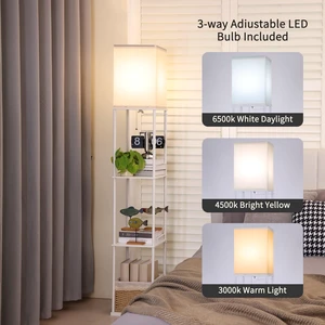 Floor Lamp with Shelves, Modern Square Standing Lamp with 3 Color Temperature Bulb, Corner Display Bookshelf Lamp for Living Room, Bedroom and OfficeWhite Floor Lamp with Shelves, Modern Square Standing Lamp with 3 Color Temperature Bulb, Corner Display Bookshelf Lamp for Living Room, Bedroom and OfficeWhite