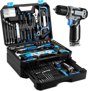 Tool Set: Tool Kit with 12V Cordless Drill, Hand Toolbox with storage case, Mechanic Tool set for Home Repairs, Blue Tool Set: Tool Kit with 12V Cordless Drill, Hand Toolbox with storage case, Mechanic Tool set for Home Repairs, Blue