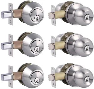 Single Cylinder Deadbolt Lock and Door Knob with Lock, Keyed Alike Door Locks for Front Door(Satin Nickel,3pack-Set) Single Cylinder Deadbolt Lock and Door Knob with Lock, Keyed Alike Door Locks for Front Door(Satin Nickel,3pack-Set)