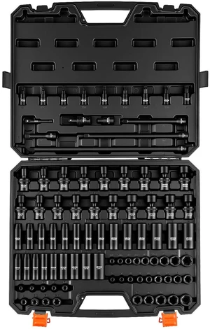 Impact Socket Set 3/8" Drive 90-Piece, CR-MO, Shallow & Deep, 6 Point SAE 1/4"-3/4" & Metric 6-19mm, with Swivel & E-Torx & Bit Sockets, Extension Bars, Adapters, Universal Joint Impact Socket Set 3/8" Drive 90-Piece, CR-MO, Shallow & Deep, 6 Point SAE 1/4"-3/4" & Metric 6-19mm, with Swivel & E-Torx & Bit Sockets, Extension Bars, Adapters, Universal Joint