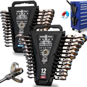 Premium 24-Piece Flex-Head Ratchet Wrenches Set with Magnetic Organizers, Metric SAE 8-19mm 1/4"-7/8", Cr-V Ratcheting Wrenches with 72 Teeth 180° Flex Head, Ratchet Combination Wrench Set for Repair Premium 24-Piece Flex-Head Ratchet Wrenches Set with Magnetic Organizers, Metric SAE 8-19mm 1/4"-7/8", Cr-V Ratcheting Wrenches with 72 Teeth 180° Flex Head, Ratchet Combination Wrench Set for Repair