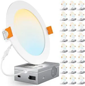 24 Pack 6 Inch Ultra-Thin 5CCT LED Recessed Ceiling Light,Canless 1050LM, 2700K-5000K Selectable,12W Eqv 110W,5%-100% Dimmable,Wafer Downlights with Junction Box,ETL & Energy Star & FCC 24 Pack 6 Inch Ultra-Thin 5CCT LED Recessed Ceiling Light,Canless 1050LM, 2700K-5000K Selectable,12W Eqv 110W,5%-100% Dimmable,Wafer Downlights with Junction Box,ETL & Energy Star & FCC