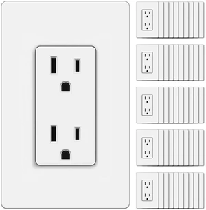 50PK 15 Amp Outlets with Screwless Wall Plate, UL Listed, White Non-Tamper Resistant Decorator Receptacle, Standard Electrical Wall Outlet for Home, Office & Commercial Use, 15A/125V/1875W 50PK 15 Amp Outlets with Screwless Wall Plate, UL Listed, White Non-Tamper Resistant Decorator Receptacle, Standard Electrical Wall Outlet for Home, Office & Commercial Use, 15A/125V/1875W