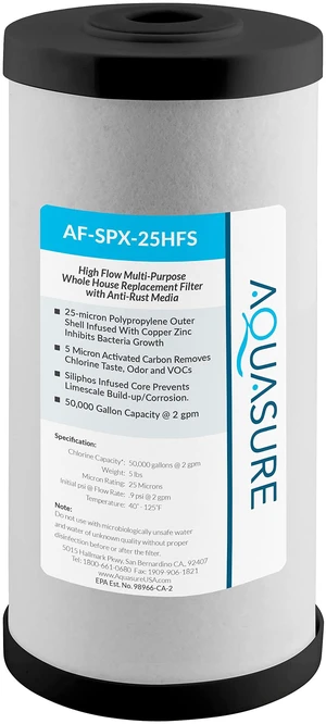Fortitude V2 Series AF-SPX-25HFS Sediment/Carbon/Siliphos Anti-Rust Media, Bacteria & Scale Inhibitor, Triple Purpose Whole House Replacement Filter Cartridge For AS-FS-25SPX, Standard Size Fortitude V2 Series AF-SPX-25HFS Sediment/Carbon/Siliphos Anti-Rust Media, Bacteria & Scale Inhibitor, Triple Purpose Whole House Replacement Filter Cartridge For AS-FS-25SPX, Standard Size