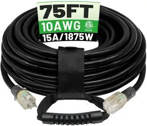 75 Ft 10AWG Outdoor Extension Cord Waterproof Heavy Duty, Black 10 Gauge 3 Prong, Flexible Cold-Resistant Power Cord Indoor & Outside with Lighted Indicator End, 15A 1875W SJTW ETL Listed 75 Ft 10AWG Outdoor Extension Cord Waterproof Heavy Duty, Black 10 Gauge 3 Prong, Flexible Cold-Resistant Power Cord Indoor & Outside with Lighted Indicator End, 15A 1875W SJTW ETL Listed