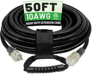 50 Ft 10AWG Outdoor Extension Cord Waterproof Heavy Duty, Black 10 Gauge 3 Prong, Flexible Cold-Resistant Power Cord Indoor & Outside with Lighted Indicator End, 15A 1875W SJTW ETL Listed 50 Ft 10AWG Outdoor Extension Cord Waterproof Heavy Duty, Black 10 Gauge 3 Prong, Flexible Cold-Resistant Power Cord Indoor & Outside with Lighted Indicator End, 15A 1875W SJTW ETL Listed