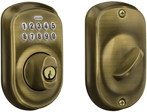 Plymouth Electronic Keypad Deadbolt Lock, Keyless Front Door Entry, Mechanical Key Backup Included, Antique Brass, BE365 V PLY 609 Plymouth Electronic Keypad Deadbolt Lock, Keyless Front Door Entry, Mechanical Key Backup Included, Antique Brass, BE365 V PLY 609