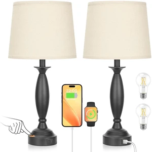 Bedroom Lamps for Nightstand, 3 Way Dimmable Black Bedside Lamps with USB Touch, USB C+A Ports, Bulb Included, Beige Shade, Black, Bed Side lamps for Night Stands, Living Room Bedroom Lamps for Nightstand, 3 Way Dimmable Black Bedside Lamps with USB Touch, USB C+A Ports, Bulb Included, Beige Shade, Black, Bed Side lamps for Night Stands, Living Room