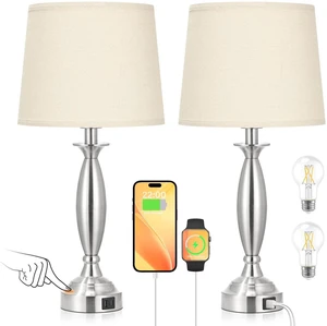Bedroom Lamps for Nightstand, 3 Way Dimmable Silver Bedside Lamps with USB Touch, USB C+A Ports, Bulb Included, Beige Shade, Silver, Chrome, Bed Side lamps for Night Stands, Living Room Bedroom Lamps for Nightstand, 3 Way Dimmable Silver Bedside Lamps with USB Touch, USB C+A Ports, Bulb Included, Beige Shade, Silver, Chrome, Bed Side lamps for Night Stands, Living Room