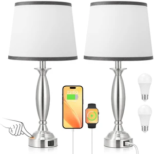 Bedroom Lamps for Nightstand, 3 Way Dimmable Silver Bedside Lamps with USB Touch, USB C+A Ports, Bulb Included, Grayish-white Shade, Silver, Chrome, Bed Side lamps for Night Stands, Living Room Bedroom Lamps for Nightstand, 3 Way Dimmable Silver Bedside Lamps with USB Touch, USB C+A Ports, Bulb Included, Grayish-white Shade, Silver, Chrome, Bed Side lamps for Night Stands, Living Room
