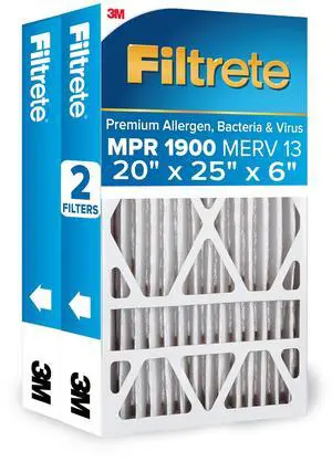20x25x6 AC Furnace Air Filter, MERV 13, MPR 1900, Premium Allergen, Bacteria & Virus, Electrostatic Air Cleaning Filter, 2-Pack (Actual Size 19.75x24.25x6 in) 20x25x6 AC Furnace Air Filter, MERV 13, MPR 1900, Premium Allergen, Bacteria & Virus, Electrostatic Air Cleaning Filter, 2-Pack (Actual Size 19.75x24.25x6 in)