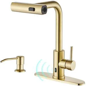 Touchless Kitchen Faucets with Sprayer & Soap Dispenser, Gold Brushed Gold, Waterfall, Single Hole & Handle, Pull Out Sink Faucet, Suitable for Farmhouse Camper Laundry Rv Bar Touchless Kitchen Faucets with Sprayer & Soap Dispenser, Gold Brushed Gold, Waterfall, Single Hole & Handle, Pull Out Sink Faucet, Suitable for Farmhouse Camper Laundry Rv Bar