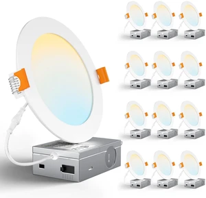 12 Pack 6 Inch Ultra-Thin 5CCT LED Recessed Ceiling Light,Canless 1050LM, 2700K-5000K Selectable,12W Eqv 110W,5%-100% Dimmable,Wafer Downlights with Junction Box,ETL & Energy Star & FCC 12 Pack 6 Inch Ultra-Thin 5CCT LED Recessed Ceiling Light,Canless 1050LM, 2700K-5000K Selectable,12W Eqv 110W,5%-100% Dimmable,Wafer Downlights with Junction Box,ETL & Energy Star & FCC