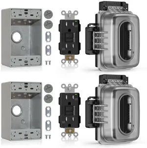 Outdoor GFCI Outlet with in Use Cover and Box Kit, 1 Gang, 15 Amp TRWR Self-Test GFI Receptacle, Extra Duty Metallic Electrical Outlet Box, Lockable in Use Cover, UL Listed, Black, 2 Pack Outdoor GFCI Outlet with in Use Cover and Box Kit, 1 Gang, 15 Amp TRWR Self-Test GFI Receptacle, Extra Duty Metallic Electrical Outlet Box, Lockable in Use Cover, UL Listed, Black, 2 Pack