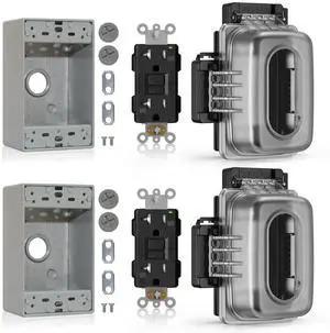 Outdoor GFCI Outlet with in Use Cover and Box Kit, 1 Gang, 20 Amp TRWR Self-Test GFI Receptacle, Extra Duty Metallic Electrical Outlet Box, Lockable in Use Cover, UL Listed, Black, 2 Pack Outdoor GFCI Outlet with in Use Cover and Box Kit, 1 Gang, 20 Amp TRWR Self-Test GFI Receptacle, Extra Duty Metallic Electrical Outlet Box, Lockable in Use Cover, UL Listed, Black, 2 Pack
