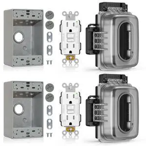 Outdoor GFCI Outlet with in Use Cover and Box Kit, 1 Gang, 15 Amp TRWR Self-Test GFI Receptacle, Extra Duty Metallic Electrical Outlet Box, Lockable in Use Cover, UL Listed, White, 2 Pack Outdoor GFCI Outlet with in Use Cover and Box Kit, 1 Gang, 15 Amp TRWR Self-Test GFI Receptacle, Extra Duty Metallic Electrical Outlet Box, Lockable in Use Cover, UL Listed, White, 2 Pack