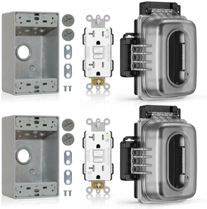 Outdoor GFCI Outlet with in Use Cover and Box Kit, 1 Gang, 20 Amp TRWR Self-Test GFI Receptacle, Extra Duty Metallic Electrical Outlet Box, Lockable in Use Cover, UL Listed, White, 2 Pack Outdoor GFCI Outlet with in Use Cover and Box Kit, 1 Gang, 20 Amp TRWR Self-Test GFI Receptacle, Extra Duty Metallic Electrical Outlet Box, Lockable in Use Cover, UL Listed, White, 2 Pack