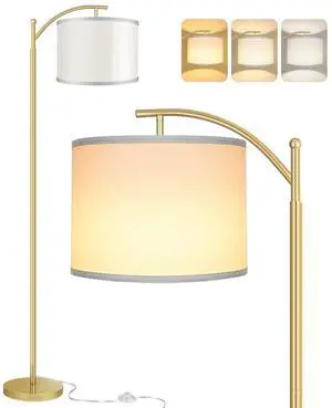 Floor Lamp for Living Room with 3 Color Temperatures LED Bulb, Standing Lamp Tall Industrial Floor Lamp Reading for Bedroom, Office (9W LED Bulb, White Lampshade Included) -Gold Floor Lamp for Living Room with 3 Color Temperatures LED Bulb, Standing Lamp Tall Industrial Floor Lamp Reading for Bedroom, Office (9W LED Bulb, White Lampshade Included) -Gold