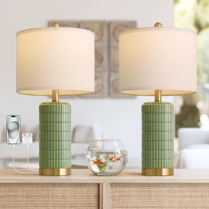 Bedside Table Lamps Set of 2 for Living Room with 2 USB Ports, 21.5'' Small Modern Nightstand Lamps for Bedroom, Ceramic Side Table Lamps with Gold Base for Office Entryway Decor Gift (Green) Bedside Table Lamps Set of 2 for Living Room with 2 USB Ports, 21.5'' Small Modern Nightstand Lamps for Bedroom, Ceramic Side Table Lamps with Gold Base for Office Entryway Decor Gift (Green)