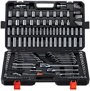 Mechanics Tool Set, 159-Piece Mechanic Tool Kit, 1/4 in, 3/8 in, and 1/2 in Drive, SAE and Metric Socket Set, Wrenches, Screwdriver Bits, Accessories, and Storage Case, for Automotive Repair Mechanics Tool Set, 159-Piece Mechanic Tool Kit, 1/4 in, 3/8 in, and 1/2 in Drive, SAE and Metric Socket Set, Wrenches, Screwdriver Bits, Accessories, and Storage Case, for Automotive Repair