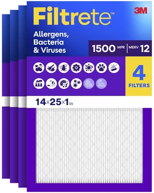 14x25x1 Air Filter, MERV 12, MPR 1500, Allergens, Bacteria & Viruses, 3-Month AC and Furnace Filters, Cleaner Air, Reliable Airflow, 4 HVAC Filters (Actual Size 13.62 x 24.62 x 0.78 in) 14x25x1 Air Filter, MERV 12, MPR 1500, Allergens, Bacteria & Viruses, 3-Month AC and Furnace Filters, Cleaner Air, Reliable Airflow, 4 HVAC Filters (Actual Size 13.62 x 24.62 x 0.78 in)