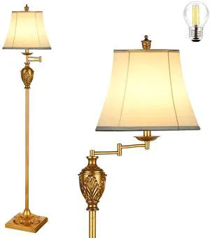 Traditional LED Floor Lamp with 350° Adjustable Vintage Pole lamp Swing arm for Living Room, Bedroom and Office Rustic Upright Floor Light for Home Décor with Faux Silk Fabric Shade Traditional LED Floor Lamp with 350° Adjustable Vintage Pole lamp Swing arm for Living Room, Bedroom and Office Rustic Upright Floor Light for Home Décor with Faux Silk Fabric Shade