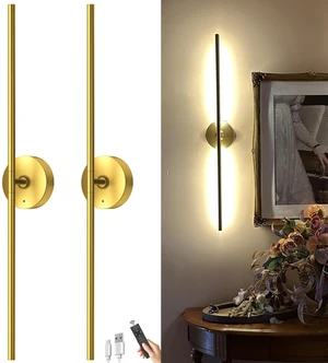 Battery Operated Wall Sconce Set of Two: Gold Wireless Rechargeable Wall Light with 10000mAh Detachable Battery and Remote, 360° Rotatable Scone Wall Decor for Bedroom Hallway Bathroom, 31.5inch Battery Operated Wall Sconce Set of Two: Gold Wireless Rechargeable Wall Light with 10000mAh Detachable Battery and Remote, 360° Rotatable Scone Wall Decor for Bedroom Hallway Bathroom, 31.5inch