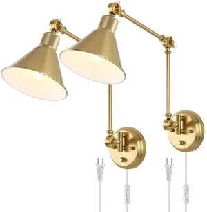 Wall Sconces Plug in, Dimmable Wall Sconces Brushed Brass Swing Arm Wall Lights Plug in Wall Mounted Light Industrial Wall Lights with 6FT Plug in Cord, E26 Base, UL Listed(Two Arms, 2 Pack) Wall Sconces Plug in, Dimmable Wall Sconces Brushed Brass Swing Arm Wall Lights Plug in Wall Mounted Light Industrial Wall Lights with 6FT Plug in Cord, E26 Base, UL Listed(Two Arms, 2 Pack)