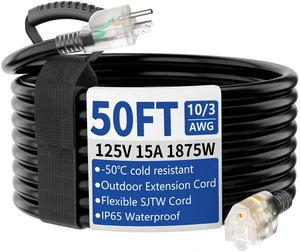 50ft Outdoor/Indoor Extension Cord with Lighted 10/3 Gauge, Black 3 Prong, Heavy Duty, SJTW, Waterproof, Flexible Cold-Resistant extension cord for Home, Work or Construction, 15A 125V 1875W 50ft Outdoor/Indoor Extension Cord with Lighted 10/3 Gauge, Black 3 Prong, Heavy Duty, SJTW, Waterproof, Flexible Cold-Resistant extension cord for Home, Work or Construction, 15A 125V 1875W