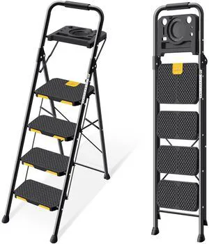 4 Step Ladder with Tool Platform, Folding Step Stool with Wide Pedal, Safety Locking, Sturdy Steel Ladder Portable Safety Ladder for Painting Home Outdoor Garage 4 Step Ladder with Tool Platform, Folding Step Stool with Wide Pedal, Safety Locking, Sturdy Steel Ladder Portable Safety Ladder for Painting Home Outdoor Garage