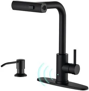 Touchless Kitchen Faucets with Sprayer & Soap Dispenser, Black Matte Black, Single Hole & Handle, Pull Out Tap, Waterfall Stainless Steel Sink Faucet for Farmhouse Camper Laundry Rv Bar Touchless Kitchen Faucets with Sprayer & Soap Dispenser, Black Matte Black, Single Hole & Handle, Pull Out Tap, Waterfall Stainless Steel Sink Faucet for Farmhouse Camper Laundry Rv Bar
