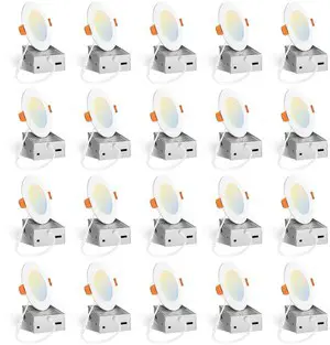 20 Pack 4 Inch LED Recessed Light with Junction Box, 5CCT, 800LM, 11W 2700K-5000K, 5%-100% Dimmable, 120V, White, Metal Housing, Ultra-Thin Canless Wafer Downlight, ETL, FCC, IC & Damp Rated 20 Pack 4 Inch LED Recessed Light with Junction Box, 5CCT, 800LM, 11W 2700K-5000K, 5%-100% Dimmable, 120V, White, Metal Housing, Ultra-Thin Canless Wafer Downlight, ETL, FCC, IC & Damp Rated