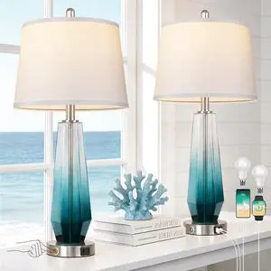 Glass Table lamps for living room, Modern Bedside Lamps for Bedrooms,27.5" Tall Nightstand Lamps Set of 2 with 3-Way Dimmable Touch Control, White Linen Shade,USB A/C Charging Ports,Gradient Teal Glass Table lamps for living room, Modern Bedside Lamps for Bedrooms,27.5" Tall Nightstand Lamps Set of 2 with 3-Way Dimmable Touch Control, White Linen Shade,USB A/C Charging Ports,Gradient Teal