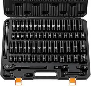 1/2" Drive Impact Socket Set, 65 Piece Socket Set SAE 3/8" to 1-1/4" and Metric 10-24mm, 6 Point Cr-V Alloy Steel for Auto Repair, Rugged Construction, Easy-to-Read Size Markings, Storage Case 1/2" Drive Impact Socket Set, 65 Piece Socket Set SAE 3/8" to 1-1/4" and Metric 10-24mm, 6 Point Cr-V Alloy Steel for Auto Repair, Rugged Construction, Easy-to-Read Size Markings, Storage Case